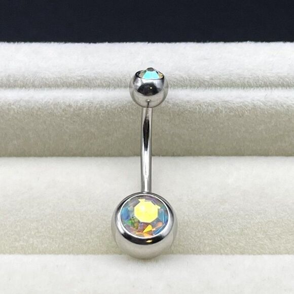 316L Stainless Steel with Iridescent AB Cubic Zirconia 14G Barbell Belly Ring - Picture 4 of 7